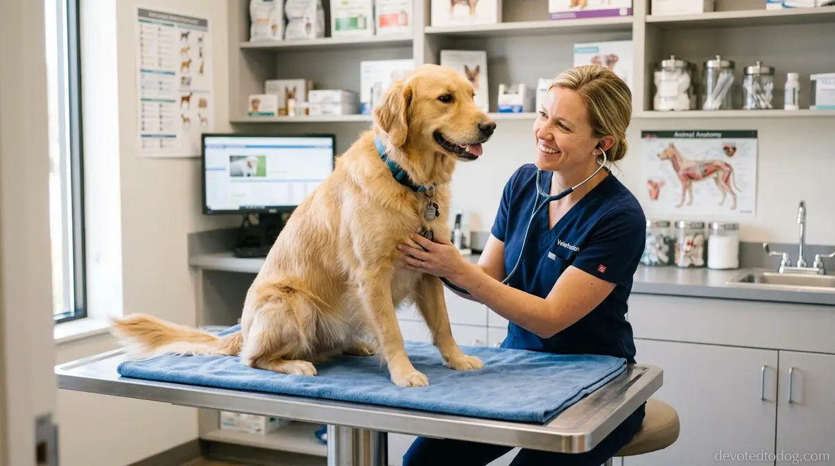 Friendly veterinarian examining a Golden Retriever in a clean clinic