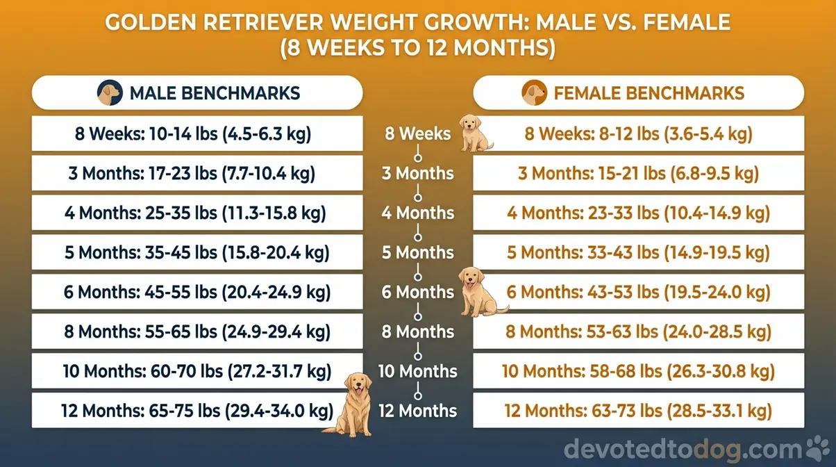 Golden Retriever growth chart showing weight in lbs by month for males and females, 8 month old golden retriever benchmarks