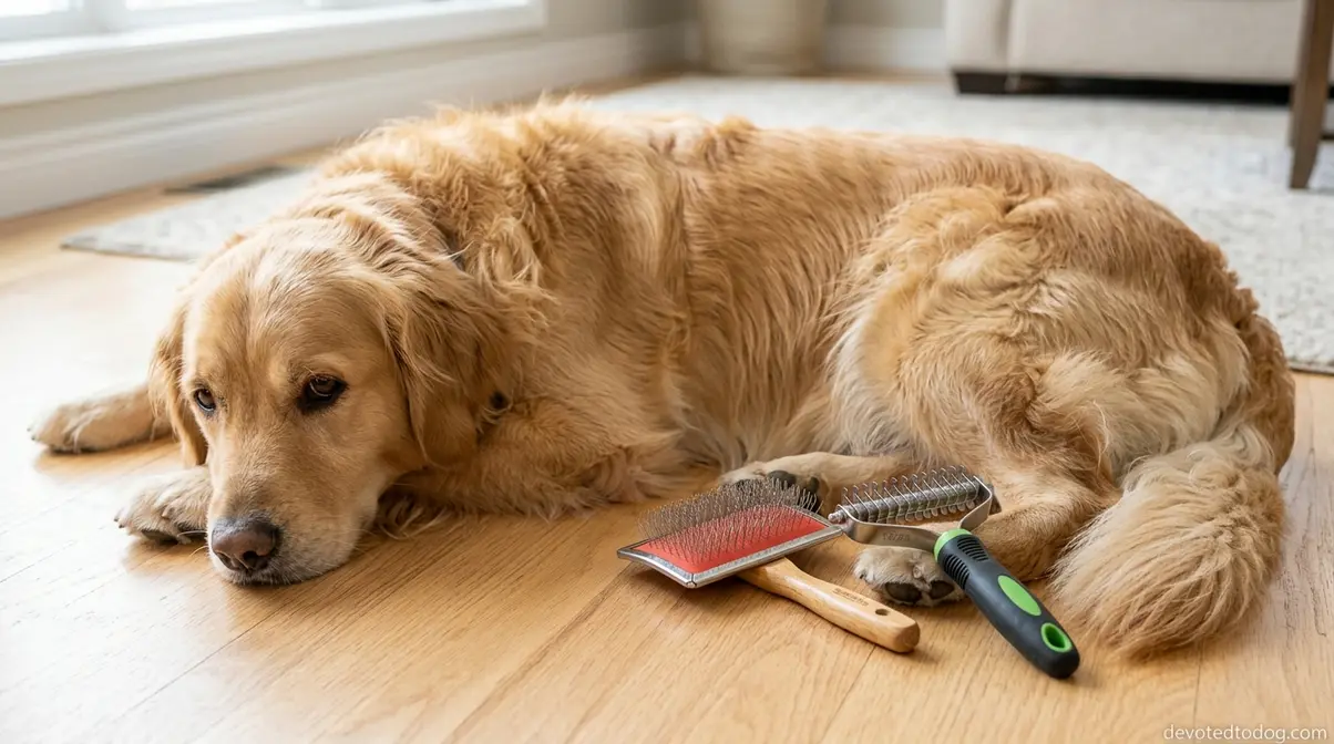Dog grooming tools including slicker brush and undercoat rake next to a Golden Retriever