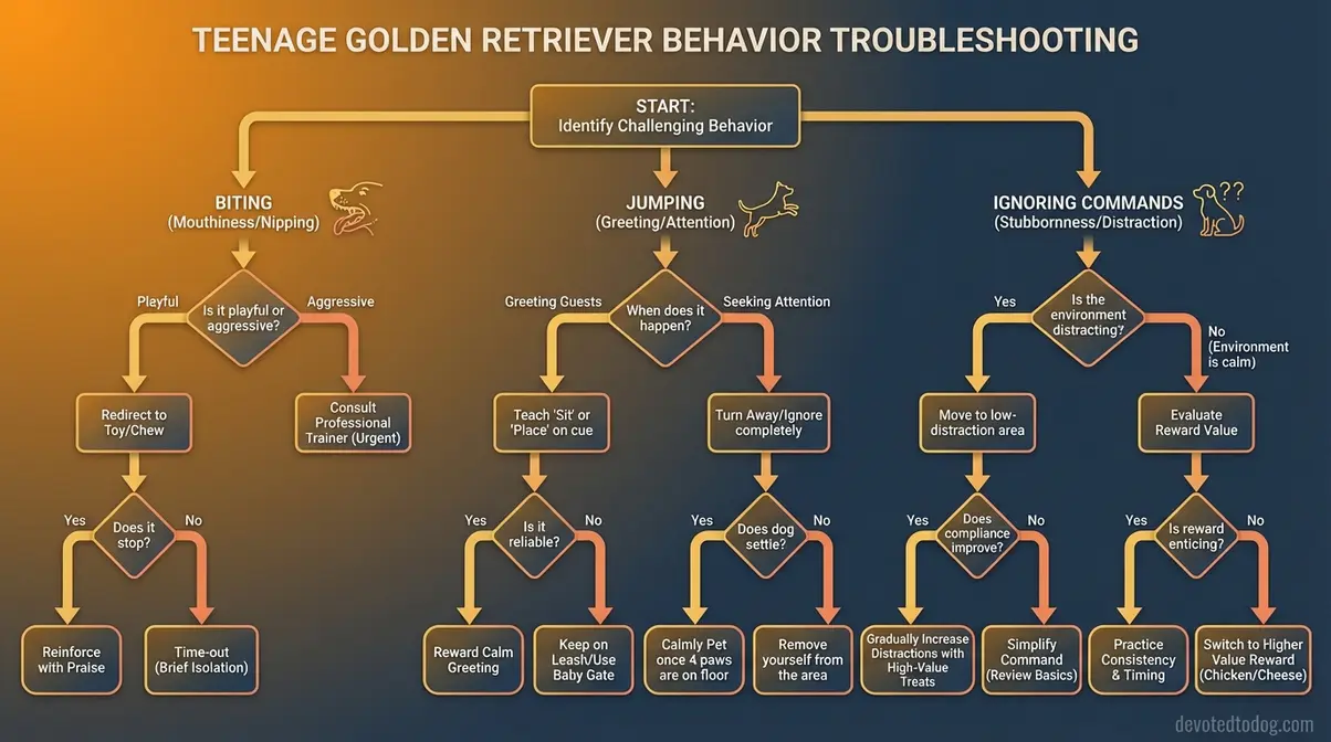 Flowchart showing what to do when an 8 month old golden retriever bites jumps or ignores commands