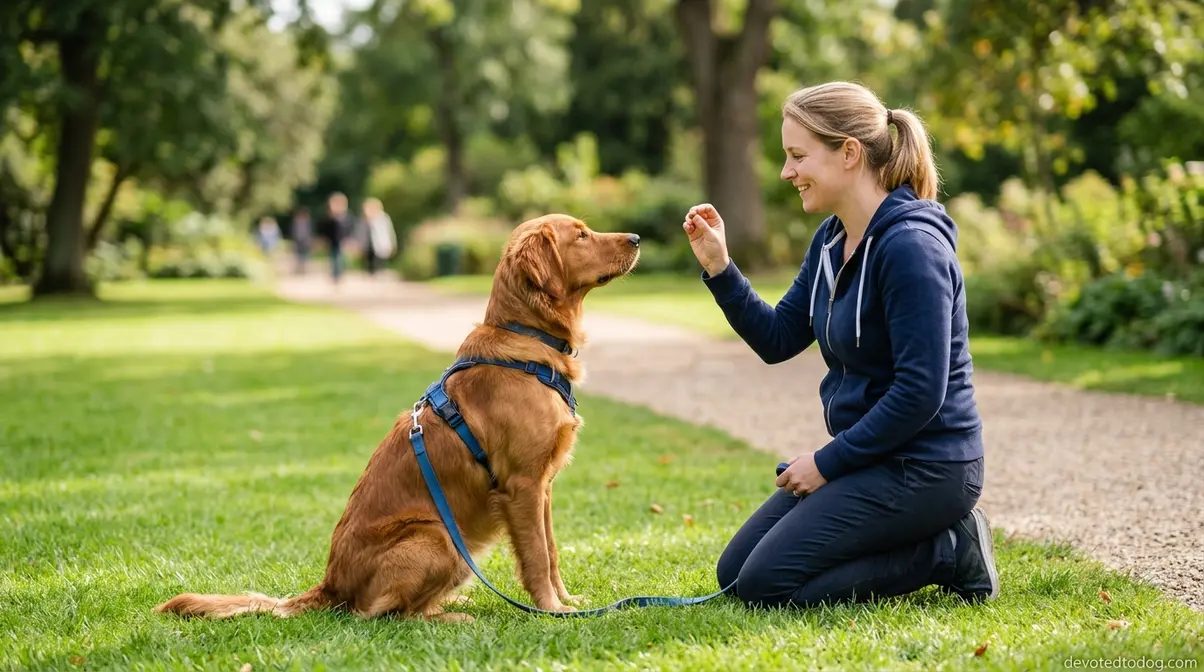 Owner calmly training an adolescent Golden Retriever in a park