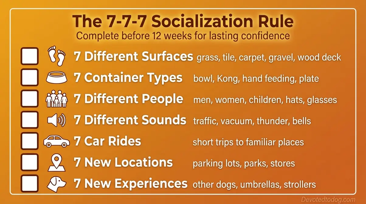 Printable Rule of 7s socialization checklist for 8 week old Golden Retriever puppies with seven categories to check off