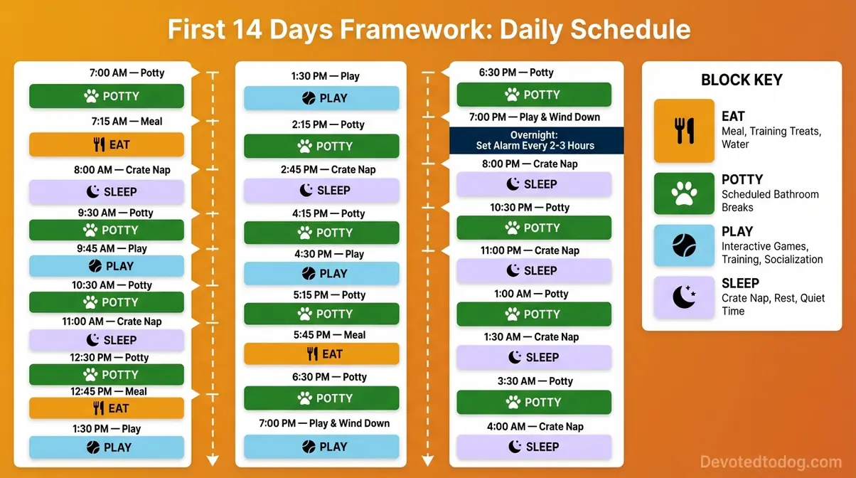 Color-coded hour-by-hour daily schedule for 8 week old Golden Retriever puppies showing Eat, Potty, Play, Sleep blocks