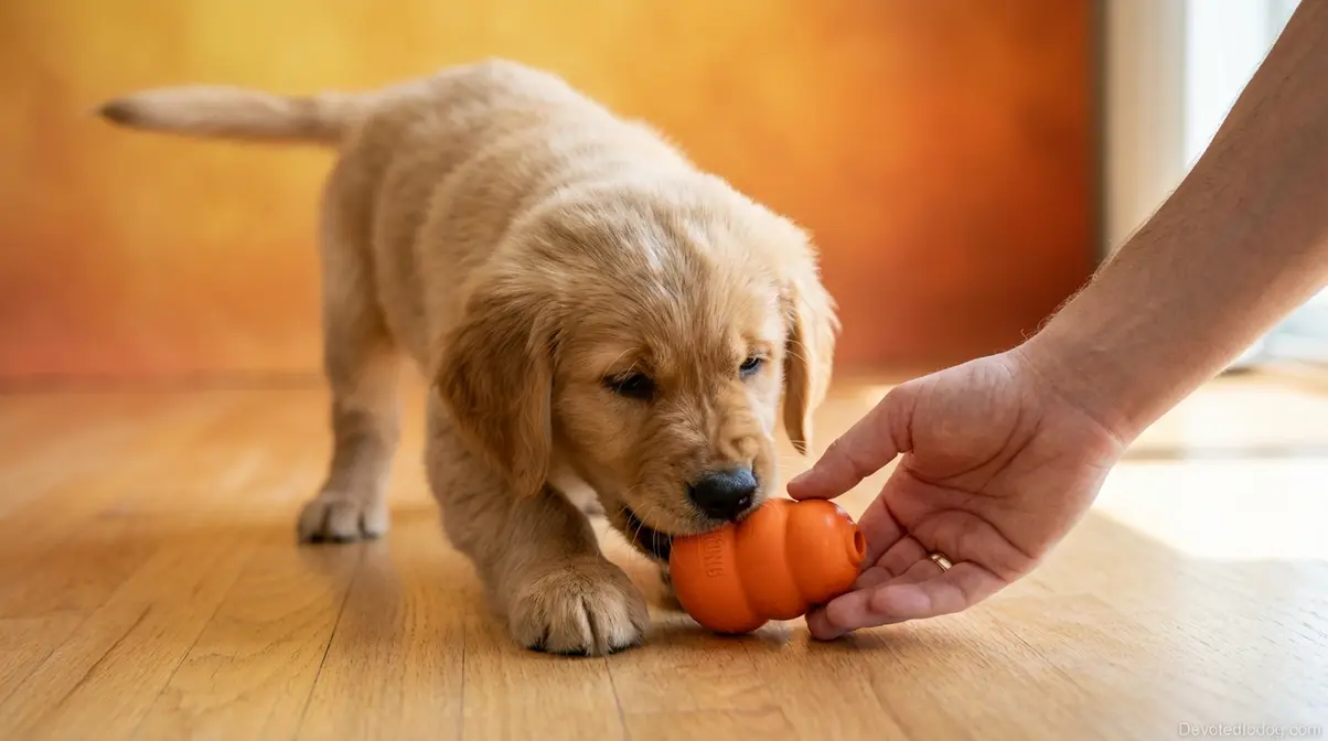 Golden Retriever puppy chewing a rubber Kong toy during bite inhibition training with gentle hand redirect