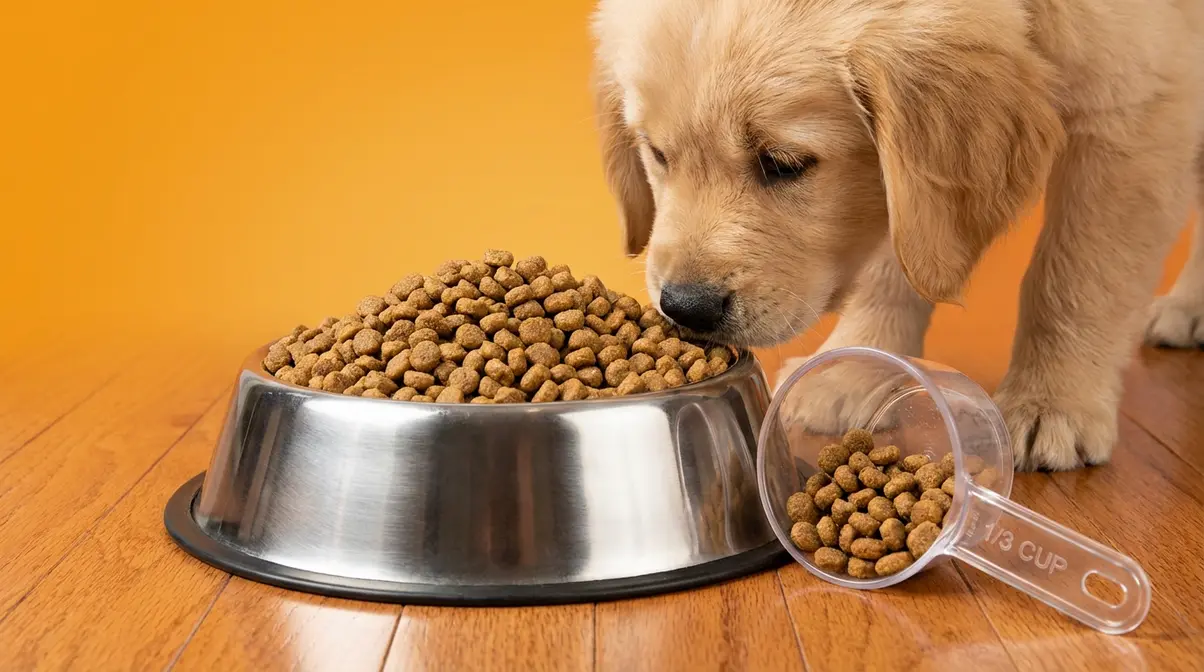 Golden Retriever puppy eating from stainless steel bowl with measuring cup showing correct portion size