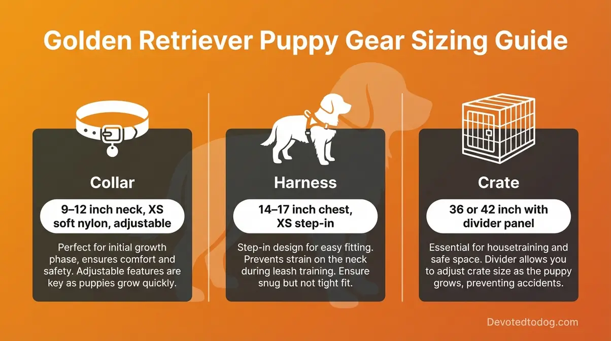 Puppy gear sizing chart showing collar, harness, and crate measurements for 8 week old Golden Retrievers