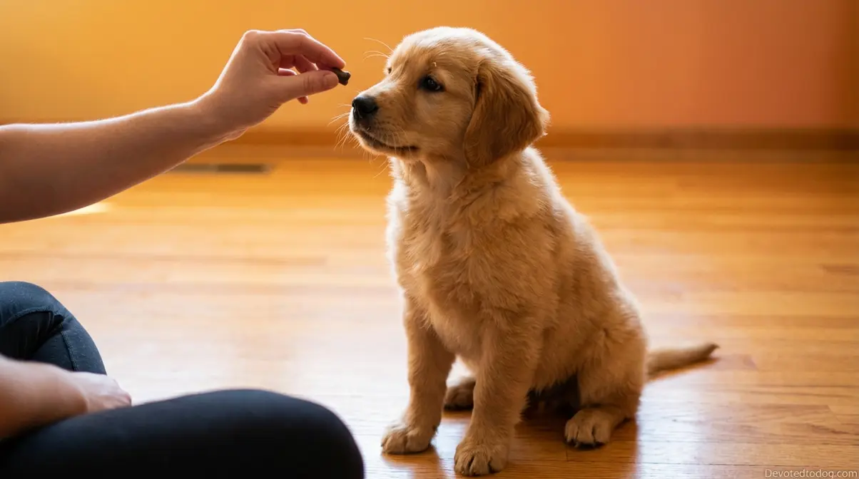 Golden Retriever puppy sitting and looking up at a training treat held above its nose during basic command training