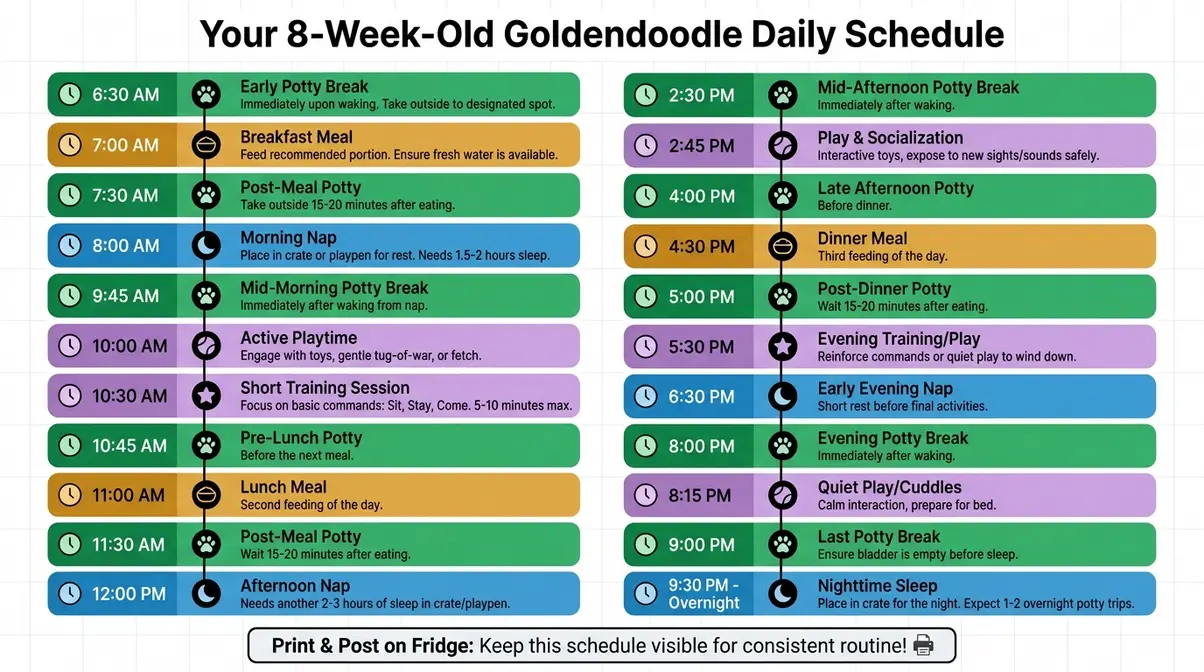 Hour-by-hour daily schedule infographic for an 8-week-old Goldendoodle puppy covering sleep, potty, play, and meals
