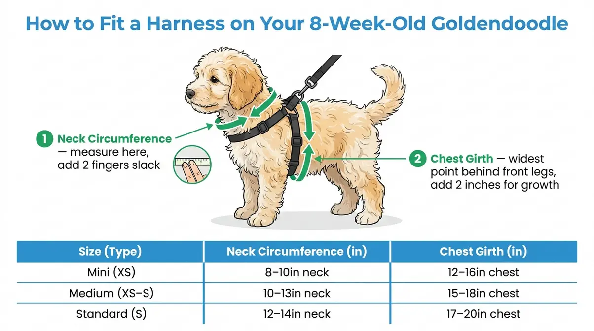 Step-by-step diagram showing how to fit a harness on an 8-week-old Goldendoodle puppy with measurement labels
