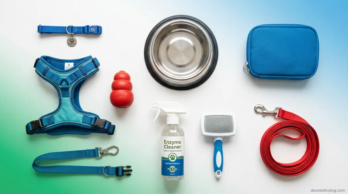 Essential gear for an 8-week-old Goldendoodle puppy including collar, harness, Kong toy, bowl, and enzyme cleaner