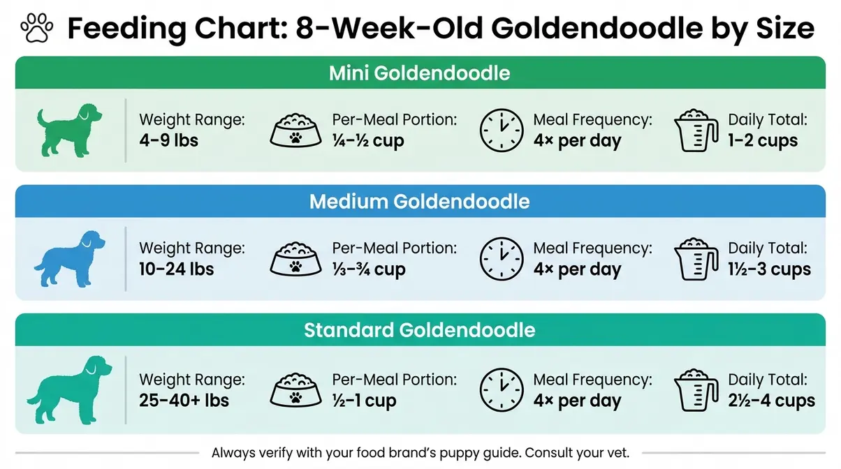 Size-specific feeding chart for 8-week-old Goldendoodle puppies showing cup amounts for Mini, Medium, and Standard types