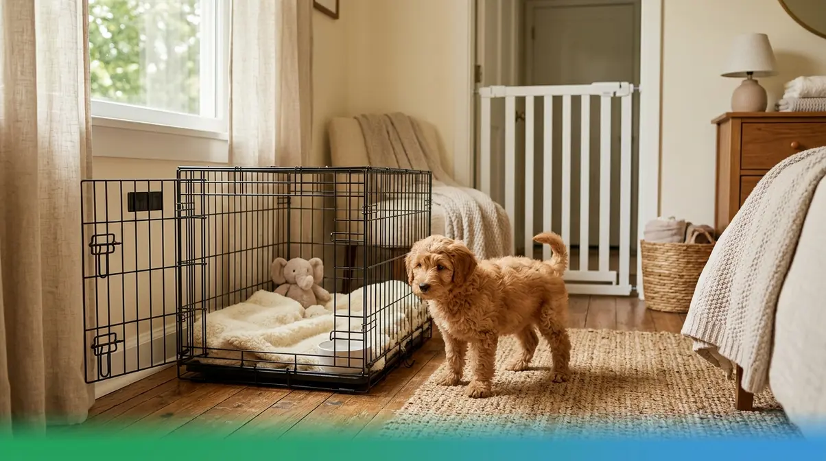 Fluffy 8-week-old Goldendoodle puppy exploring near a crate in a safe home setup