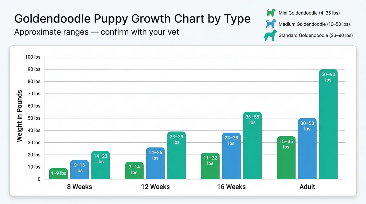 Goldendoodle puppy growth chart comparing Mini, Medium, and Standard weight at 8, 12, and 16 weeks
