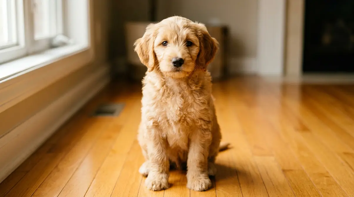 8-week-old Goldendoodle puppy sitting on wooden floor looking at the camera