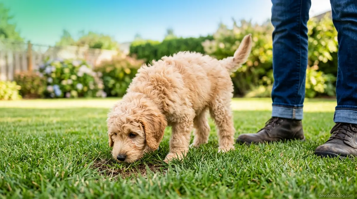 8-week-old Goldendoodle puppy sniffing grass at designated outdoor potty spot during training