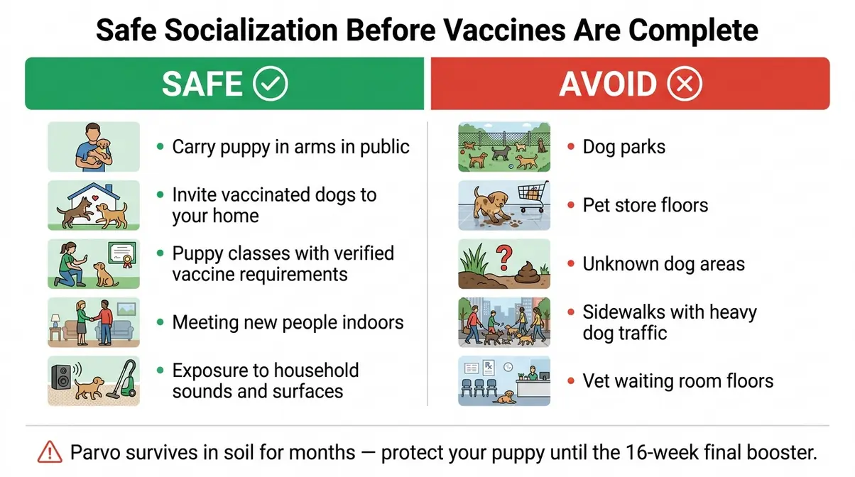 Checklist infographic of safe and unsafe socialization activities for an unvaccinated 8-week-old Goldendoodle puppy