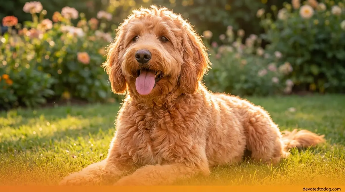 Happy adult apricot Goldendoodle with warm peachy coat sitting outdoors in natural afternoon light