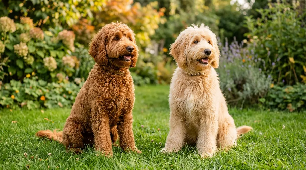 Two apricot Goldendoodles side by side showing deep copper-apricot coat versus pale golden-cream coat color range