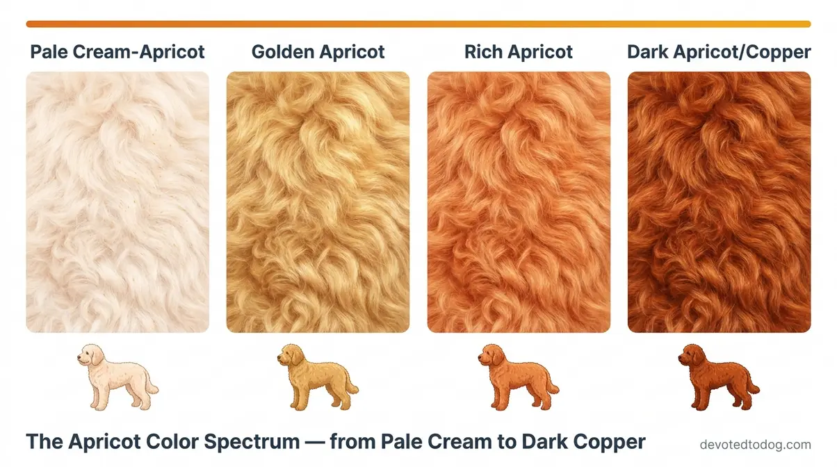 Apricot Goldendoodle color spectrum showing four shades from pale cream-apricot to dark copper side by side
