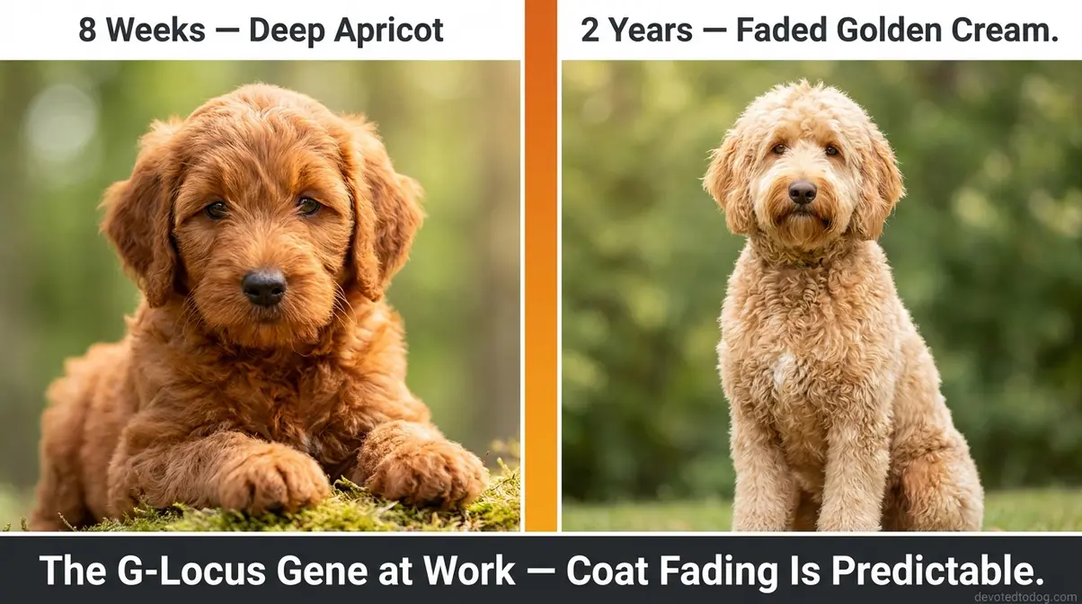 Side-by-side comparison of apricot Goldendoodle puppy at 8 weeks versus adult showing coat color fading