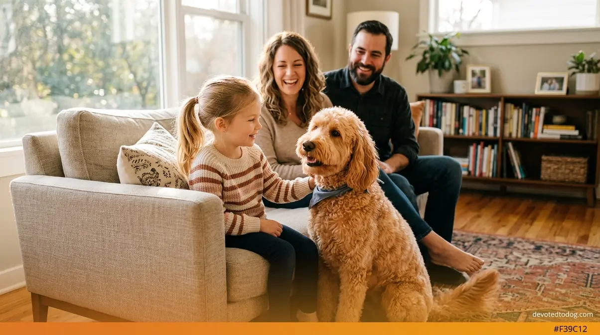 Apricot Goldendoodle with wavy peachy coat sitting with a young child in a bright family living room
