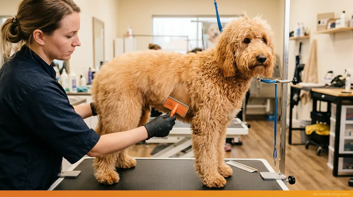 Professional groomer brushing an apricot Goldendoodle with a slicker brush during a grooming session
