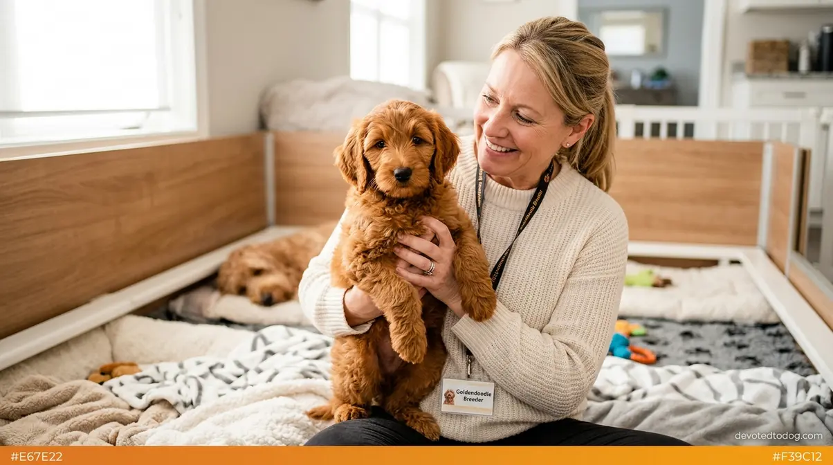 Reputable breeder holding a healthy 8-week-old apricot Goldendoodle puppy with deep copper-apricot coat