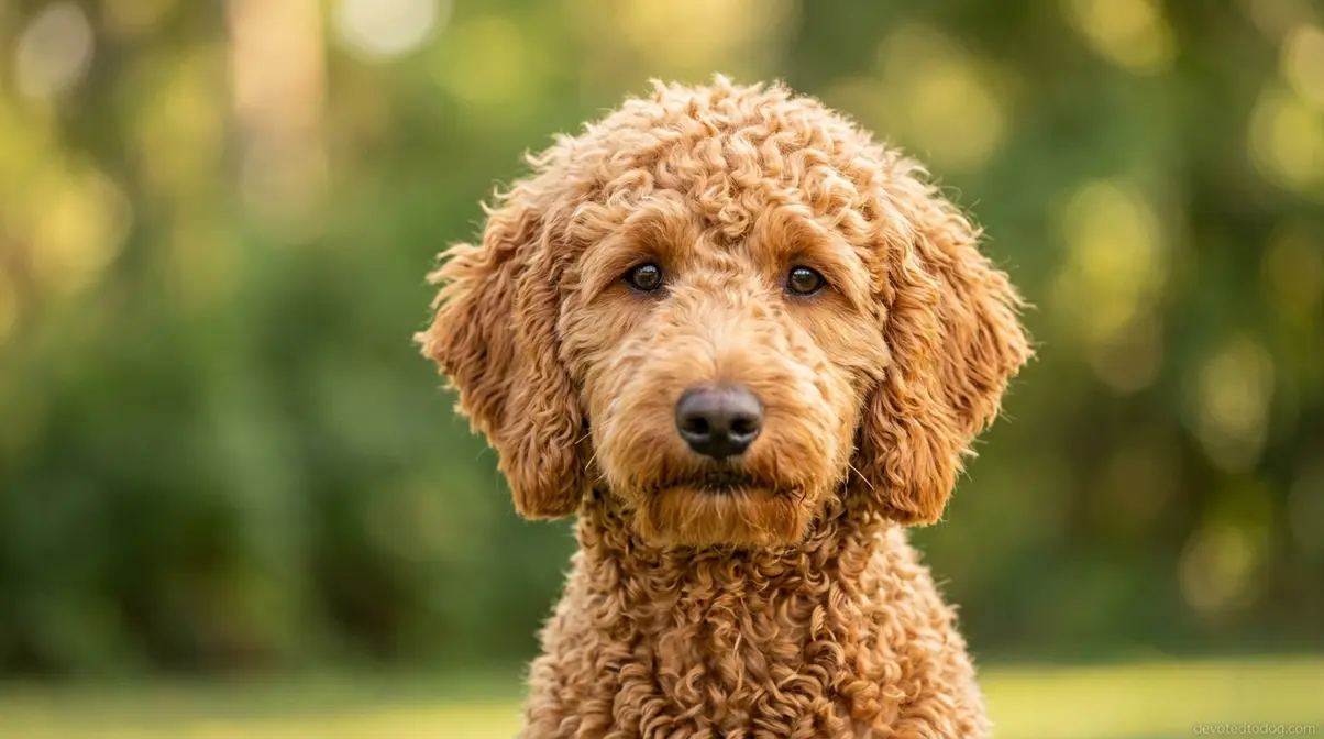 F1B apricot Goldendoodle with tightly curly low-shedding coat in rich apricot-orange tone outdoors
