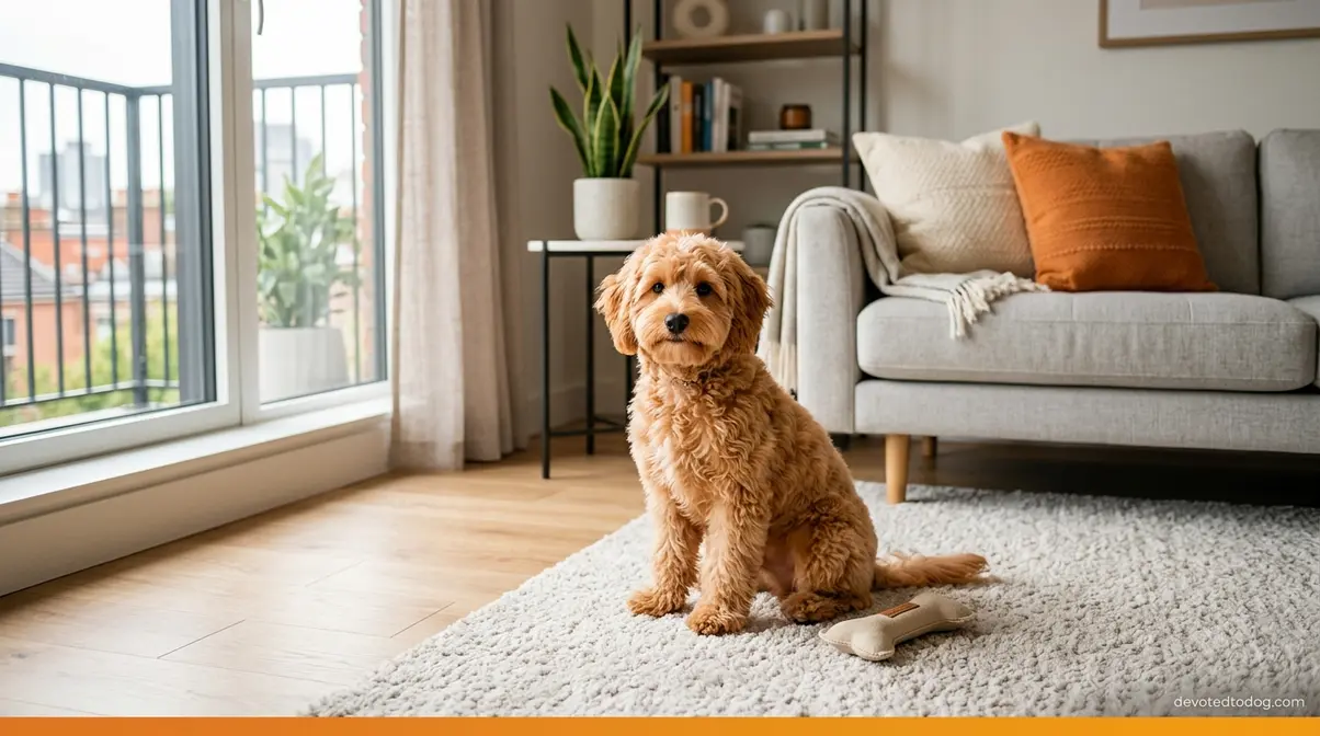 Mini apricot Goldendoodle with peachy wavy coat relaxing in a modern apartment living room