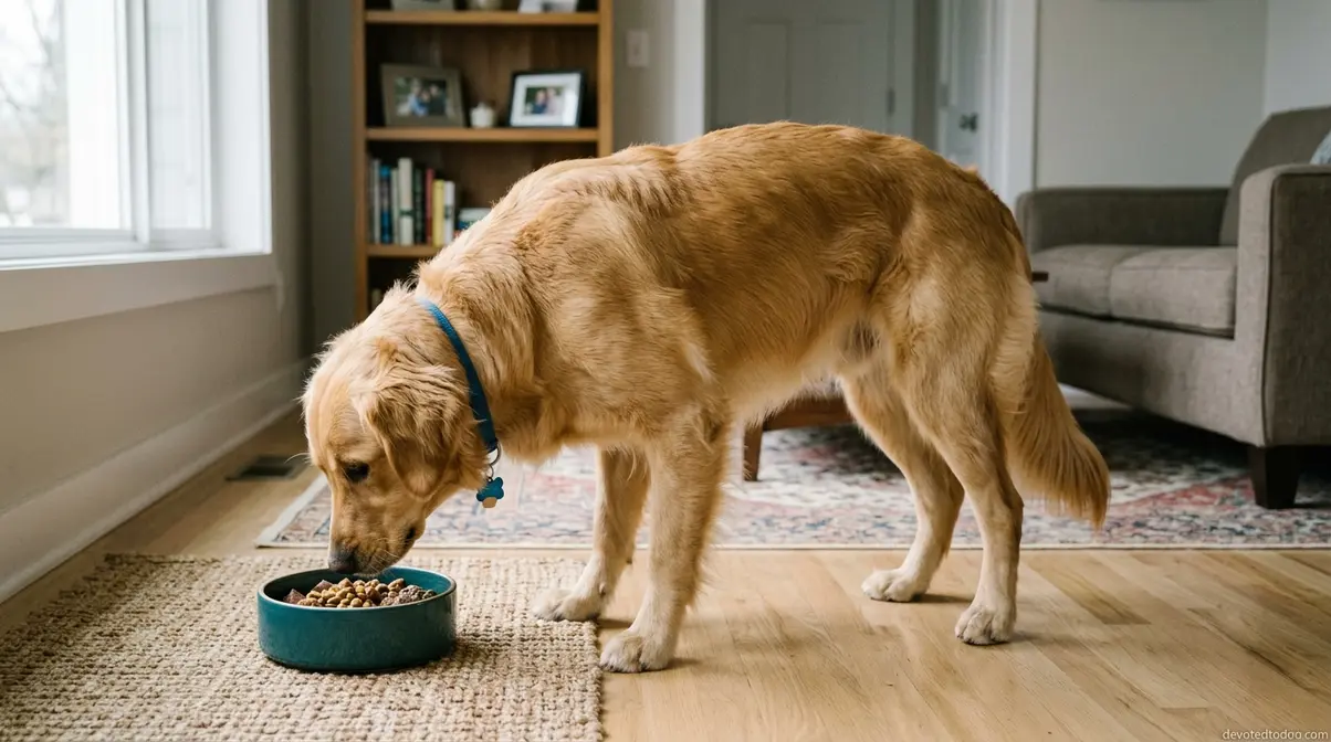Golden Retriever eating from food bowl showing mild resource guarding body posture with stiff ears and tense stance