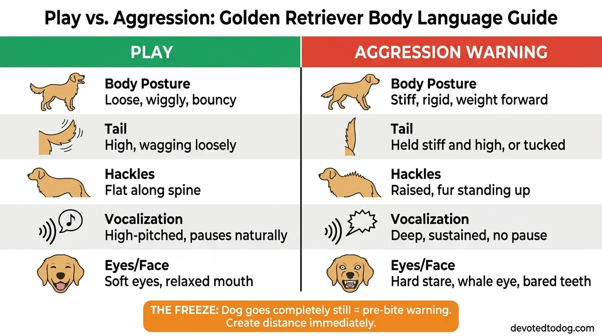 Side-by-side infographic comparing golden retriever body language during play versus true aggression across five signals