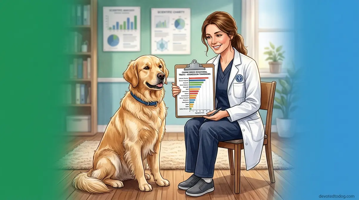 Golden Retriever sitting calmly beside a veterinarian reviewing breed aggression research rankings on a clipboard