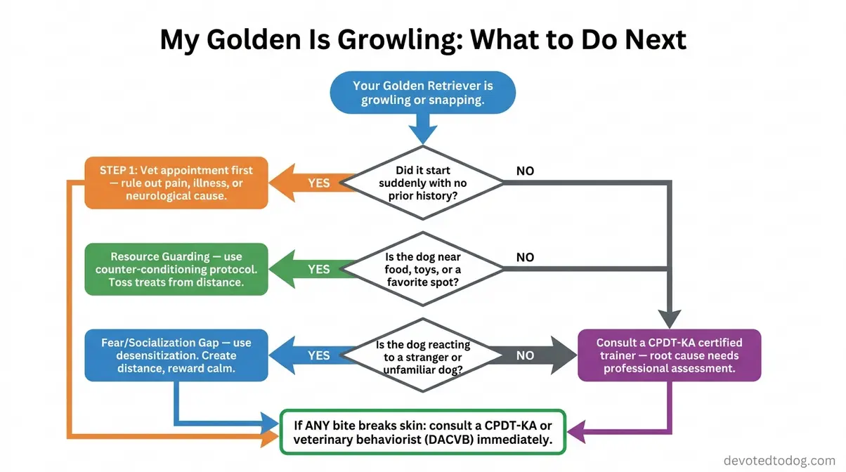 Flowchart decision tree helping golden retriever owners diagnose growling causes including pain, resource guarding, and fear
