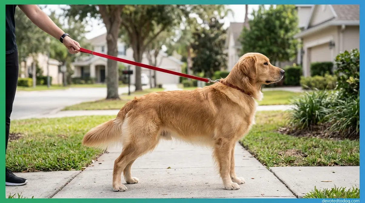 Golden Retriever on leash showing leash reactivity body posture with taut lead and fixed gaze toward another dog