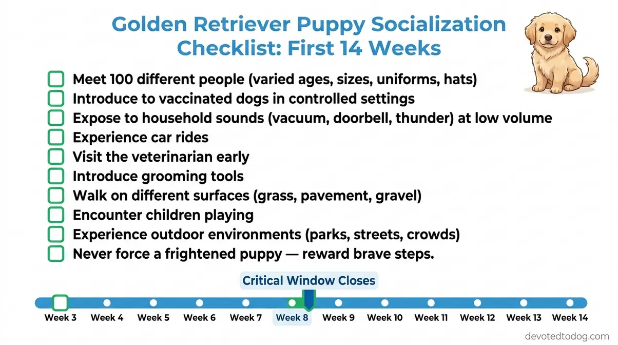 Checklist infographic showing ten socialization milestones for golden retriever puppies in the first fourteen weeks