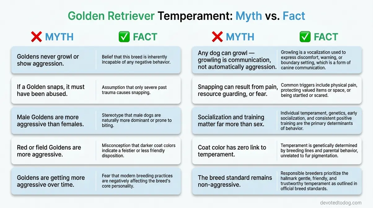 Infographic comparing five golden retriever aggression myths with science-backed facts in two columns
