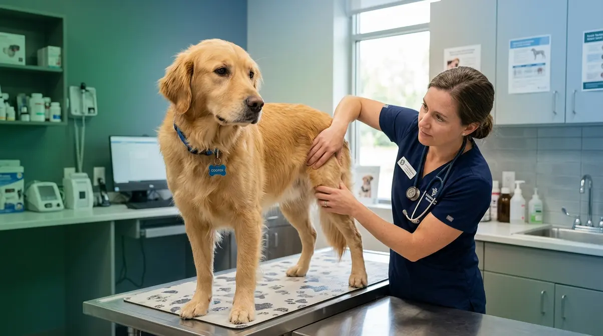 Veterinarian gently examining a golden retriever's hip area in a modern clinic to assess pain-related behavior changes