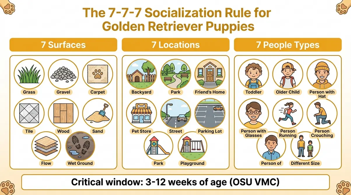 Diagram showing the 7-7-7 socialization rule for golden retriever puppies with surfaces, locations, and people types