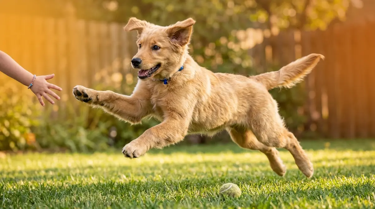 Golden retriever puppy jumping energetically in backyard demonstrating size and energy challenges