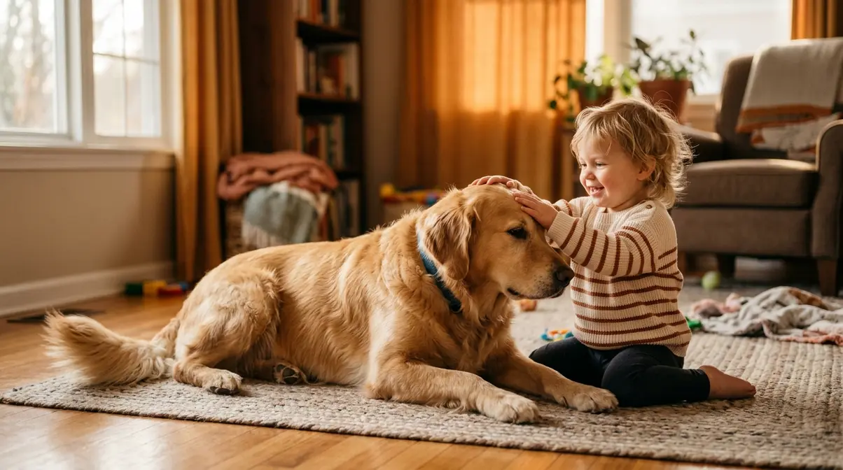 Golden retriever lying patiently while a toddler gently pats its head indoors