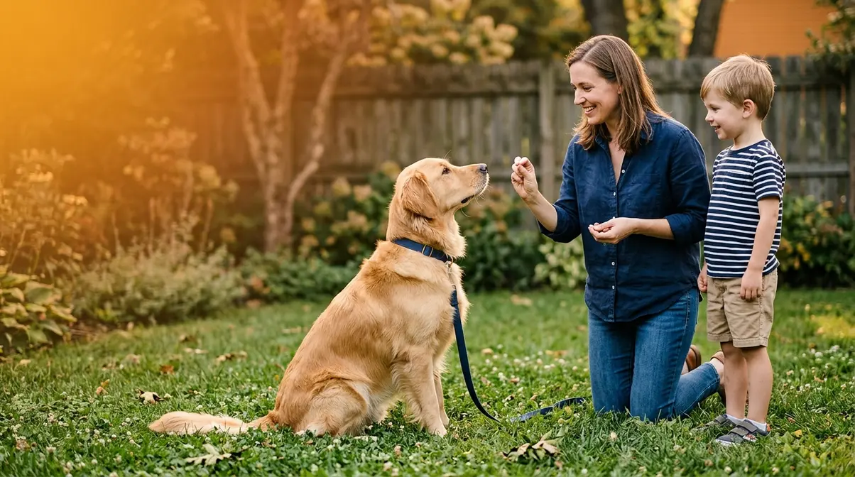 Golden retriever sitting calmly during training session with parent and young child nearby
