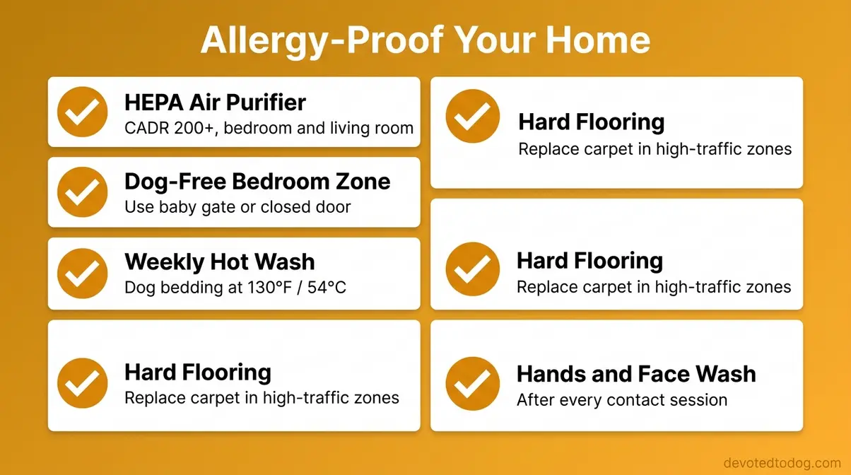 Visual checklist of six dander-reduction strategies for allergy sufferers living with a Golden Retriever at home