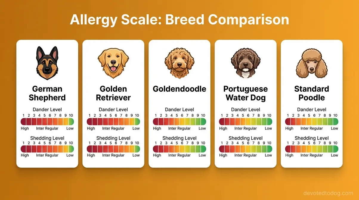 Infographic comparing dander and shedding levels of five dog breeds from Golden Retriever to Standard Poodle on a one-to-ten scale