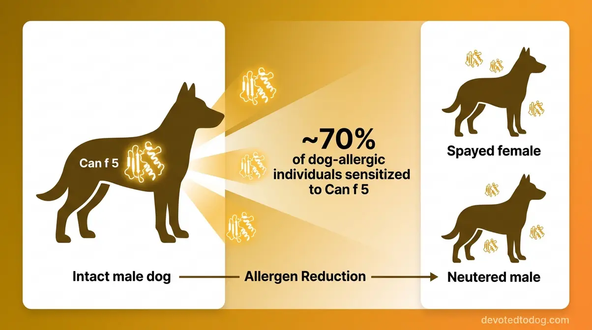 Diagram showing Can f 5 allergen production difference between intact male dogs and neutered or spayed dogs