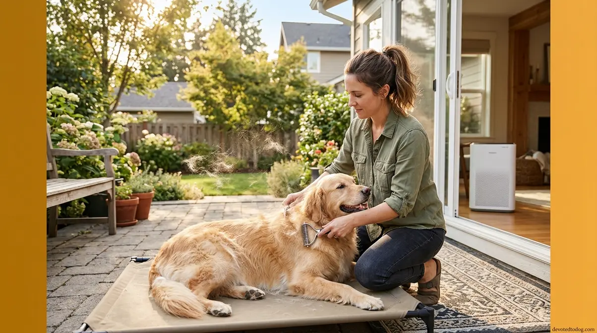 Person grooming a Golden Retriever outdoors with undercoat rake to reduce dander and allergens