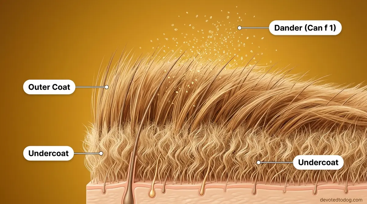 Cross-section diagram of Golden Retriever double coat showing undercoat layers and floating dander particles