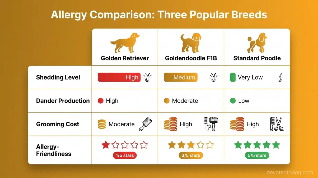 Comparison table of Golden Retriever, Goldendoodle, and Standard Poodle across shedding, dander, grooming cost, and allergy-friendliness rating