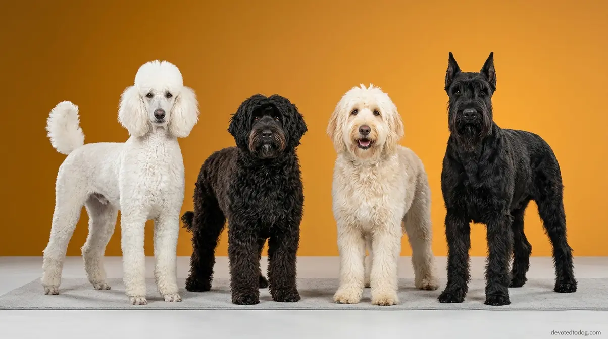 Four low-shedding dog breeds side by side — Standard Poodle, Portuguese Water Dog, Goldendoodle, and Giant Schnauzer