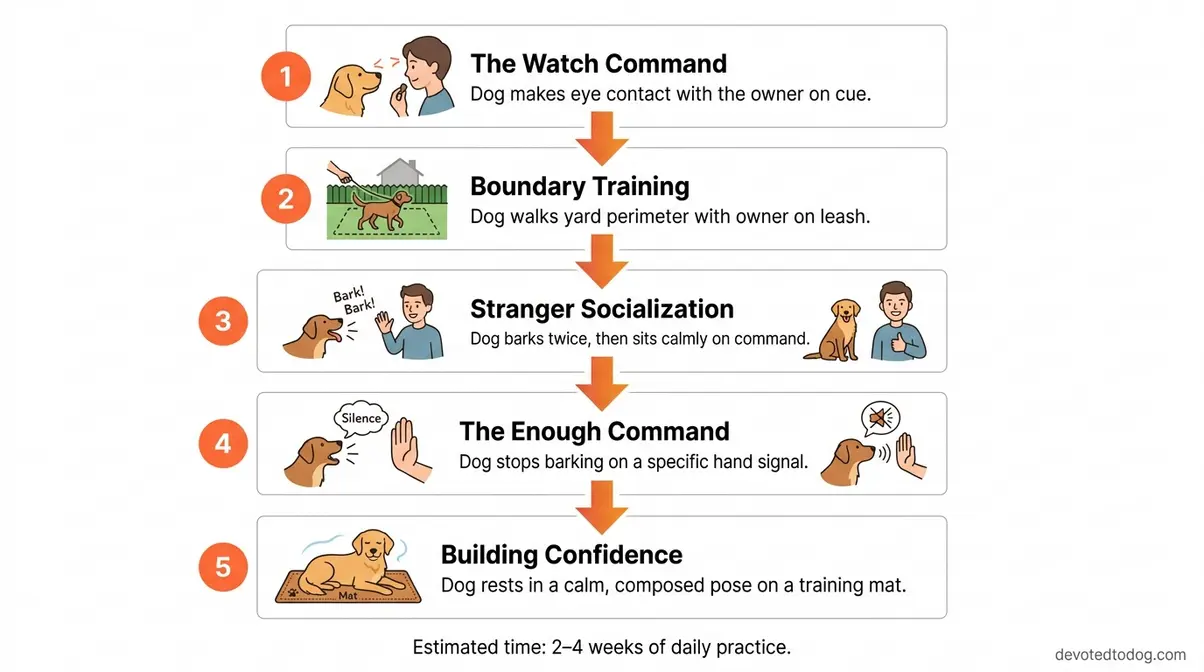 Step-by-step training diagram showing five alert behavior techniques for Golden Retrievers including Watch and Enough commands