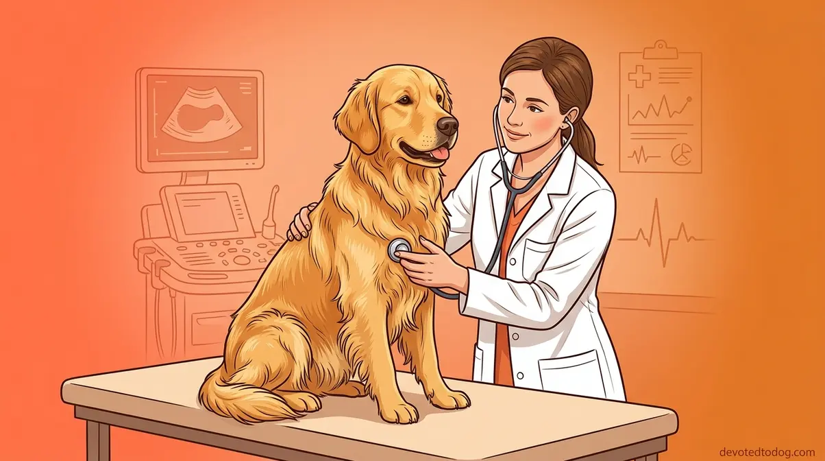Golden retriever undergoing veterinary health examination highlighting cancer screening and breed health risks